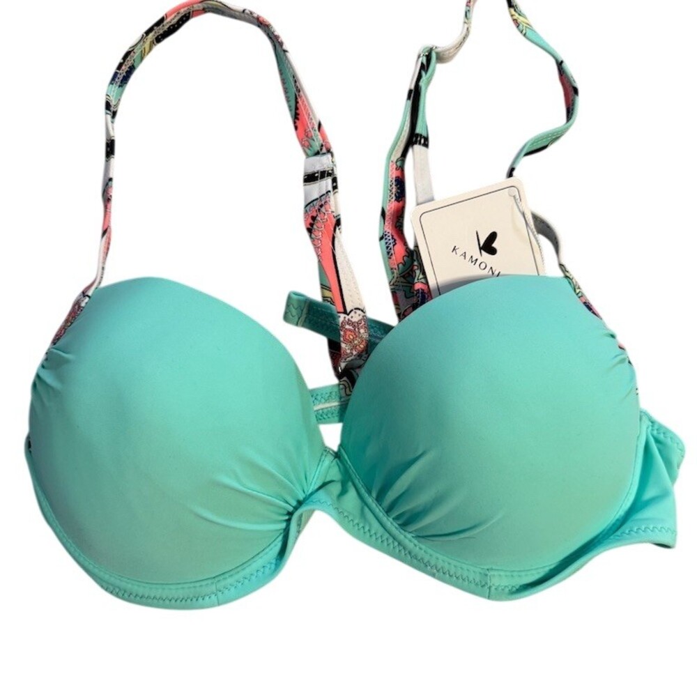 Kamoni Bikini Top Womens Size L Turquoise Teal Underwire Push-Up Floral